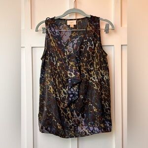 Ann Taylor Loft Women's Size XS Blouse Top Sleeveless Blue Brown Ruffle Sheer